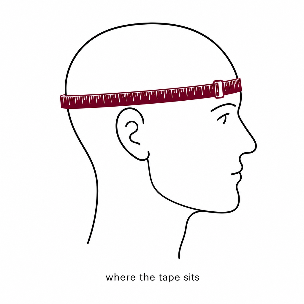 Side view of a head showing where a tape measure sits: just above the eyebrows in front, around the widest part of the back of the head, and above the ears.